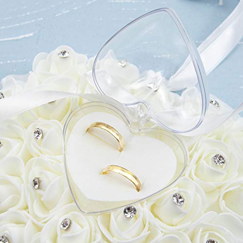Auear, White Wedding Ring Pillow Heart Shape Wedding Ring Box Lace Crystal Rose Wedding Ceremony Ring Holder For Ceremonies #TOP4