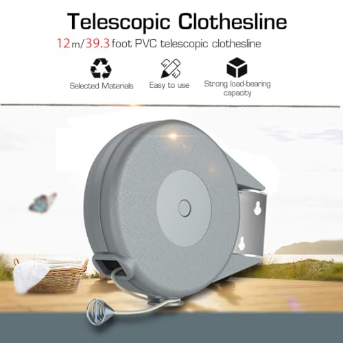 Image of HASTHIP Retractable Clothesline - 30lbs Portable Heavy Duty Indoor and Outdoor Washing Line, 39 Feet PVC Retracting Clothes Line with Wooden Clamp, Wire Clothesline Outdoor Clothesline (Grey)
