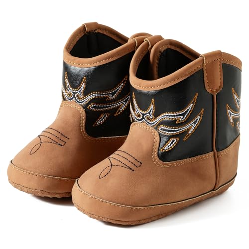 Image of Jastore Baby Boys Girls Cowboy Boots Infant Western Booties Toddler Soft Sole Non-Slip First Walker Crib Shoes