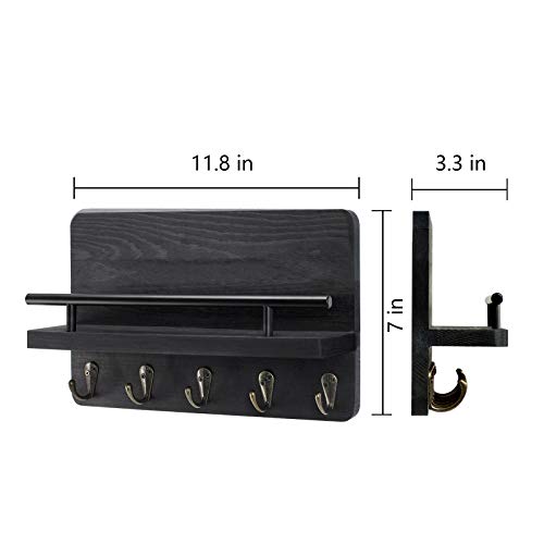 Key Holder And Mail Shelf Wall Mounted, Decorative Wall Mail Organizer With Shelf, Wood Hanging Mail Sorter Shelf With 5 Key Hooks, 100% Pine Wood Letter, Bill And Newspaper Storage Shelf (Black) #TOP6