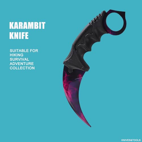 Image of Karambit Knife Fixed Blade Tactical Camping Tool, 2 Pieces Stainless Steel Outdoor Hunting Knife with Sheath and Cord, Suitable for Hiking, Adventure, Survival and Collection (Color&Purple)