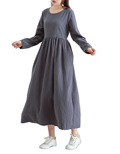 YUHEYUHE Women's Casual Long Sleeves Spring/FallTunic Maxi Cotton Linen Dresses with Pockets Blue Gray