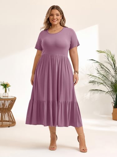 Image of LARACE Plus Size Dresses for Women Summer Casual Short Sleeve Long Dress Flowy Maxi Beach Dresses with Pockets L-6XL