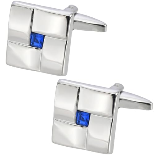 Mancuernillas metálicas plateadas con cristal azul para hombres y mujeres