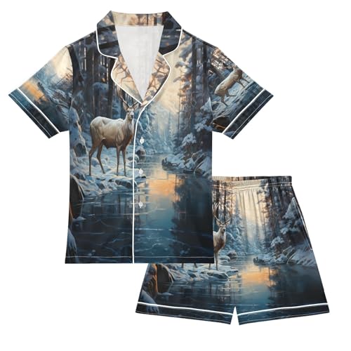 ALAZA Deer Winter Landscape Satin Pajamas Set Short Sleeve Button Down Sleepwear Summer Pjs 2 Piece