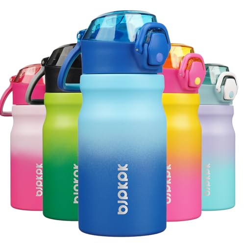 Image of BJPKPK 14 oz Insulated Water Bottle, Straw, Handle, Stainless Steel Flask | Leak Proof Locking Lid, Double Wall Vacuum, Keeps Hot /Cold, BPA Free, Dishwasher Safe, Travel & Sports, Sky