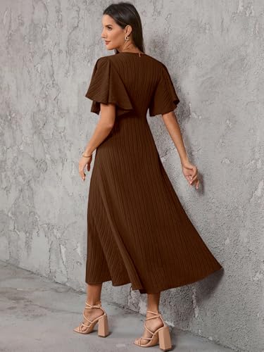 Image of Shasmi Girl's & Women's Pleated Midi Dress with Flutter Sleeves | V-Neck Western Dress for Women | Elegant A-Line Summer Outfit | Office & Casual Wear (Dress 244)