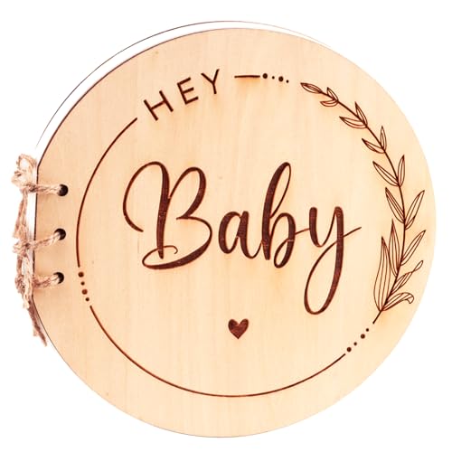 Gästebuch Babyparty mit Holzeinband,Hey Baby GäStebuch Taufe,Babyparty Gästebuch Erinnerungsalbum mit Blanko Seiten als Babyparty Geschenk für Werdende Eltern