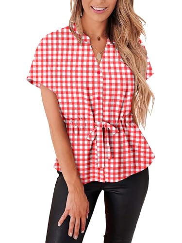 Magritta Button Down Shirts for Women Bright Ruffled Hem V Neck Short Sleeve Peasant Top Trendy Belted Waist Summer Blouses Fitted Street Outfits Grid Red M