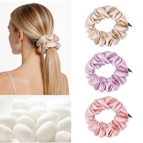 Image of THXSILK 100% Mulberry Silk Chunky Scrunchies 3-Pack, 25 Momme Thick Voluminous No Damage Hair Ties for Women, Medium Ponytail Holders for All Hair Types(Beige, Light Purple, Pink)