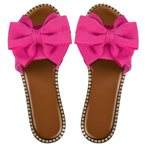 Sksshion Women's Bow Knot Slides Open Toe Flat Sandals Summer Slip On Slippers Hot Pink 10