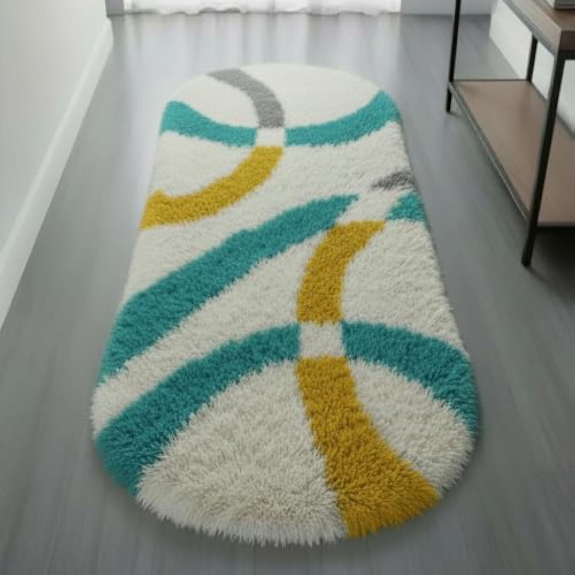 Oval Soft Shaggy Carpet Runner, Geometric Lines