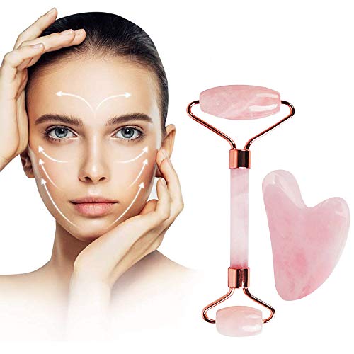 Pink Jade Roller&Gua Sha Face Set,Rose Quartz Facial Massager Tool for Wrinkles,Skin Tightening, Lift Firming,Eye Puffiness Treatment, Neck Anti Aging