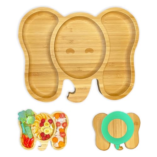 AWIIK - Plato de Bamboo con fuerte ventosa para bebés y niños pequeños. Plato BLW de bambú antideslizante con succión. Vajilla infantil antivuelco para aprender a comer BLW. (Elephant)