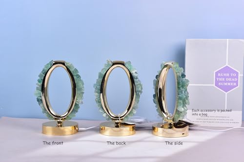 Image of AMOYSTONE Natural Crystal USB Led Lamp Green Fluorite Night Light Elliptical Table Lamp Tri-Color Rock Crystal Lamp for Bedroom Table Living Room