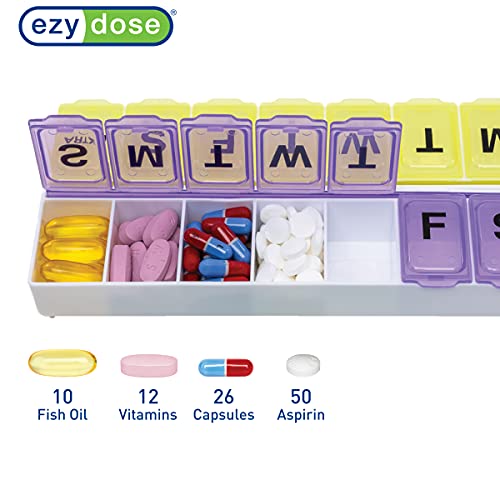 Image of EZY DOSE Weekly (14-Day) Pill Organizer, Vitamin and Medicine Box, Large Snap Compartments, Easy-to-Open, BPA Free, Purple and Yellow (Pack of 2)