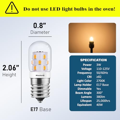 Image of Maelsrlg LED Microwave Light Bulbs Under Hood, E17 LED Bulb Dimmable for Range Hood 40W Equivalent, 3W 380 Lumens, LED Appliance Light Bulb Over Stove, Soft White 2700K, 2 Pack