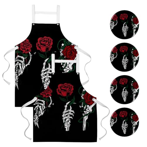 Lot de 2 tabliers de cuisine et serveuse avec broches squelette fleur