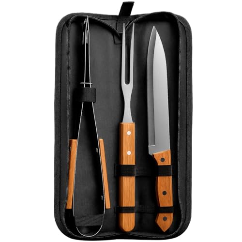 Kit De Churrasco Churasqueiro Faca Garfo e Pegador Com Esojo Conjunto 3 Pçs Cabo De Madeira