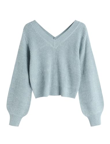 Image of ZAFUL Women's Cropped Sweater V-Neck Long Sleeve Pullover Jumper Knit Top