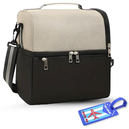 Image of OCEANEVO 2 Compartment Insulated Lunch Bag with Luggage Tag, Tiffin Bag for Office with Handle and Shoulder Strap for Men and Women - 28 x 25 x 18 Cm - Beige