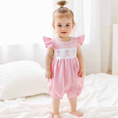 MoZiKQin Baby Girl Summer Romper Boutique Bow Embroidery Ruffle Sleeve Jumpsuit Cute Clothes for Newborn Toddler3