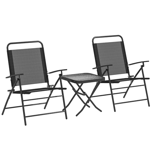 Outsunny Conjunto de Mesa y Sillas de Terraza Exterior de 3 Piezas Muebles de Jardín Exterior Plegables con Respaldo Regulable Tablero de Vidrio y Estructura de Acero Negro
