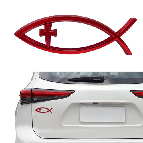 Image of Christian Cross Fish Auto Emblem, Jesus Fish Car Emblem, Weatherproof Christian Symbol Ichthus Cross Decal, Chrome Sliver Badge Bumper Stickers Car Accessories Fit for Most Vehicles (Red)