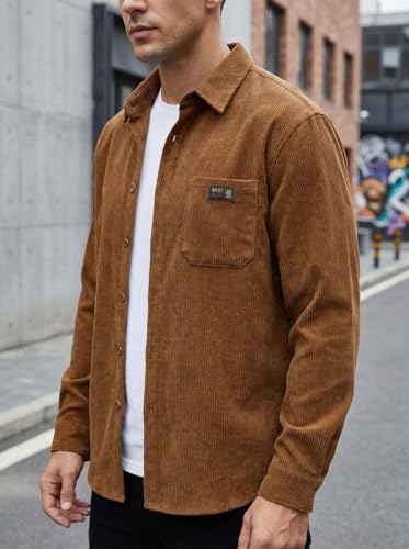Image of IndoPrimo Men's Corduroy Shirt | Premium Ribbed Full Sleeve Casual Overshirt | Button-Down Solid Shirt with Chest Pocket | Regular Fit