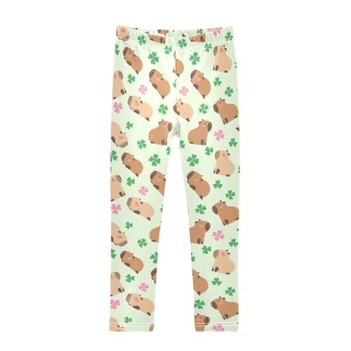 Capybara with Lucky Clover Green Girls Leggings Soft Comfortable Athletic Leggings Dancing Pants for 4-10 Years
