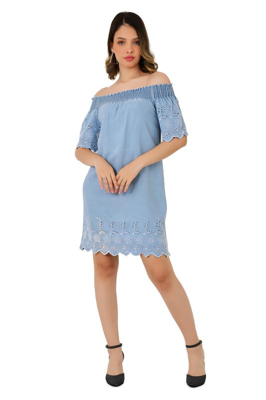 Off Shoulder A-Line Dress for Women | Elegant Broad Embroidered Neckline | Lightweight Cotton Blend, Perfect for Summer, Casual Outings, Beach & Resort Wear-image-44