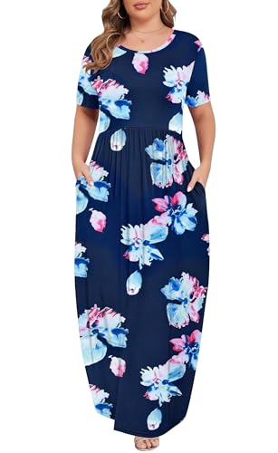 Image of KARALIN Women Plus Size Maxi Dress Short Sleeve Round Neck Loose Fit A-Line | Plus Size Long Dress,Summer Casual Maxi Dresses,Short Sleeve,Side Pockets,Round Neck,Elastic Waist,14 Plus - 26 Plus