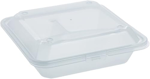 HUBERT Contenedor reutilizable para llevar con 3 compartimentos de polipropileno, 9 pulgadas de largo x 9 pulgadas de ancho x 3 18 pulgadas de alto