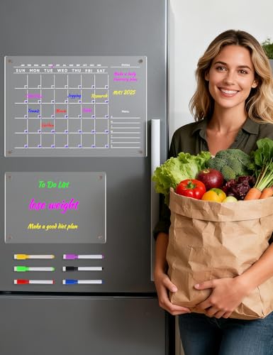 Acrylic Magnetic Dry Erase Fridge Calendar Set, 16" x 12" Monthly Planner+ 12" x 8" Transparent Blank Memo Board w/ 3 pcs Switchable DIY Cardboard - Image 3