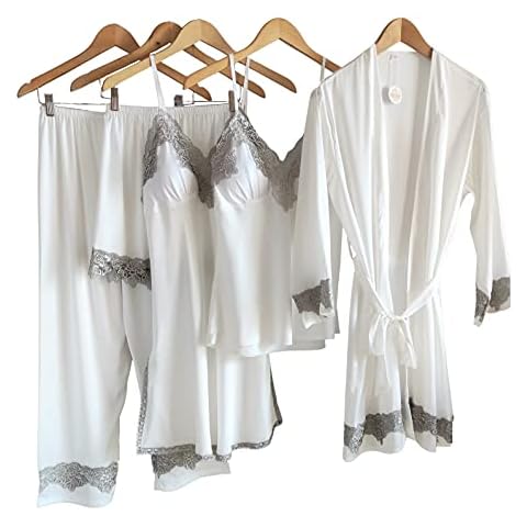 Laura Lily - Pijama de Seda Satén con Encaje de 5 Piezas Cover