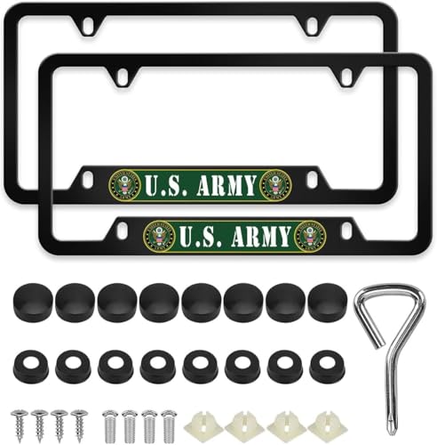 Image of 2PCS License Plate Frames for U.S.Army,Car License Plate Bracket Holder, Premium Aluminum Alloy Weather Proof License Plate Covers with Screw Caps Cover Set Car Accessories