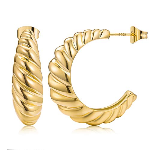 14K Gold Croissant Earrings Twisted Round Hoop Earrings Chunky Hoop Earrings 925 Sterling Silver Earrings for Women