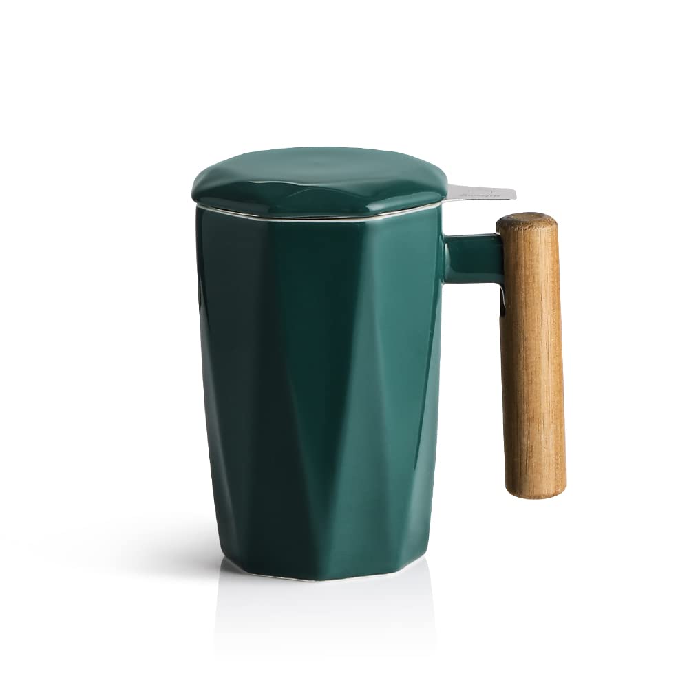 Sweejar Ceramic Tea Infuser Cup With Lid, Wooden Handle Teacup With Strainers - View #6