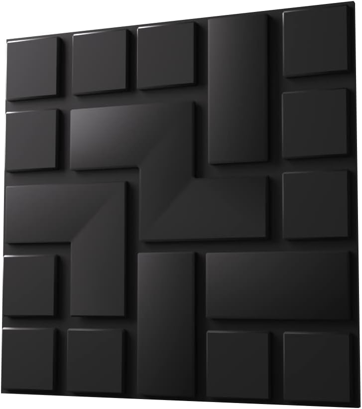 Anigma 3D PVC Wall Panels, 5 Different Shapes, White/Black, Easy Installation, 12 Panel Pack, 500x500mm Each Panel (Tetris/Black)