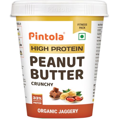 Pintola HIGH Protein ORGANIC JAGGERY Peanut Butter Crunchy 510g with 33g Protein & 7g Fiber, Whey Protein Peanut Butter, Gluten Free, Zero Added Salt, Cholesterol Free, 100% Roasted Peanuts