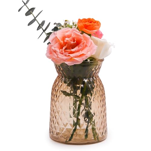 OFFIDIX Glass Vase,6.5 * 4.5in Large Mouth Shape Geometric Faceted Design Flower Vase for Weddings,Events,Decorating,Office,Home Decor