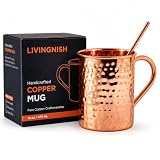 LIVINGNISH 100% Solid Pure Copper Mug, Unlined 16 oz Cup-Hammered