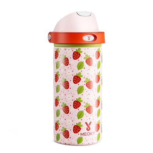 Image of 18 oz Insulated Water Bottle for Kids: Meoky Stainless Steel Water Bottle with 2-in-1 Straw and Spout Lid - Leak Proof, Cold for 24 Hours, BPA-Free for Girls School Sports, Strawberry Garden