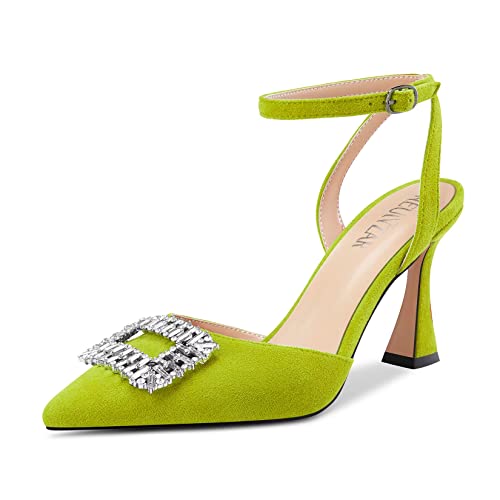 HEUIVZAR Mujer Alto High Chunky Ancho Heel Puntiaguada Punta Sandalias Correa Tobillo Diamante Cristal Cierre con Hebilla de Boda Dress Zapatos Verde Lima 39 EU