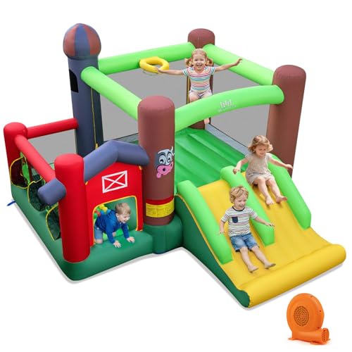 BOUNTECH Inflatable Bounce House with Ball Pit, Farm Bouncy House with Dual Slides for Racing, Blower, Big Jump Castle Bounce House for Toddler Kids 3-12 Indoor Outdoor Backyard Birthday Party Gifts