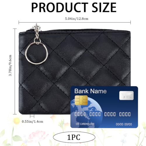 CRASPIRE Black Small Coin Purse PU Leather Rhombus Embroidery Zipper Pouches Portable Zip Change Wallet Purse Pocket Bag with Alloy Keychain for Women Ladies Card Key Headset Lipstick2