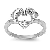 COMET CRAFT Sterling Silver Plating Women's Heart Love Dolphins Ring Promise Band 10mm Double Dolphins Ring (8)