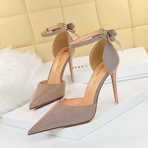 Womens Bow Tie High Heels Closed Pointed Toe Sparkly Pumps Sexy Stiletto Ankle Strap Heel Sandals Wedding Evening Dress Shoes for Women3