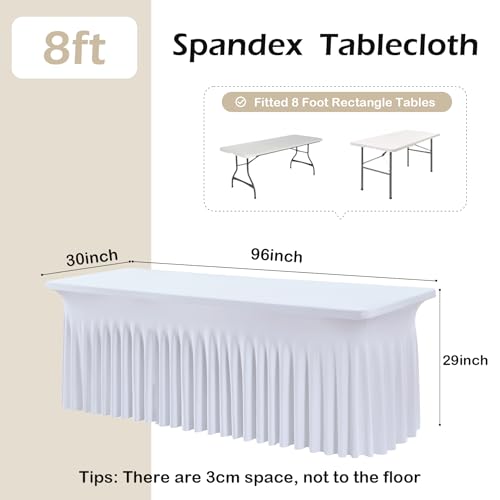 Image of 12 pk White Spandex Table Cloth Rectangle 8ft with Ruffle Skirt,Wrinkle Free High-Stretch Fitted Tablecloths for 8 Foot Rectangle Tables,Elastic Spandex Table Covers 8 ft for Parties Weddings Banquet