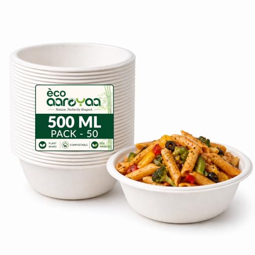 Image of Eco Disposable Bagasse Bowls - 500 ML - Pack of 25 Biodegradable Disposable Bowls - Eco-Friendly Dip, Sauce, Chutney & Dessert Cups - Leak-Resistant Small Serving Bowl (Pack of 25)